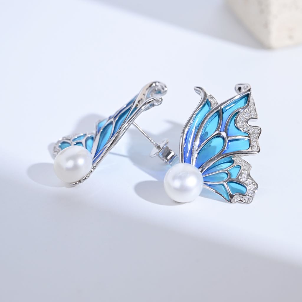 Sky Blue Enamel Earrings: Butterfly Pearl Earrings & Romantic Gifts For Her