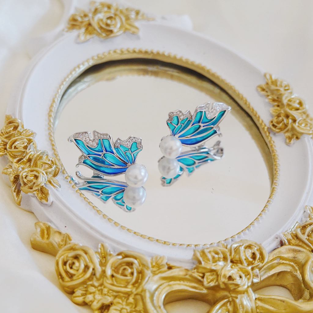 Sky Blue Enamel Earrings: Butterfly Pearl Earrings & Romantic Gifts For Her