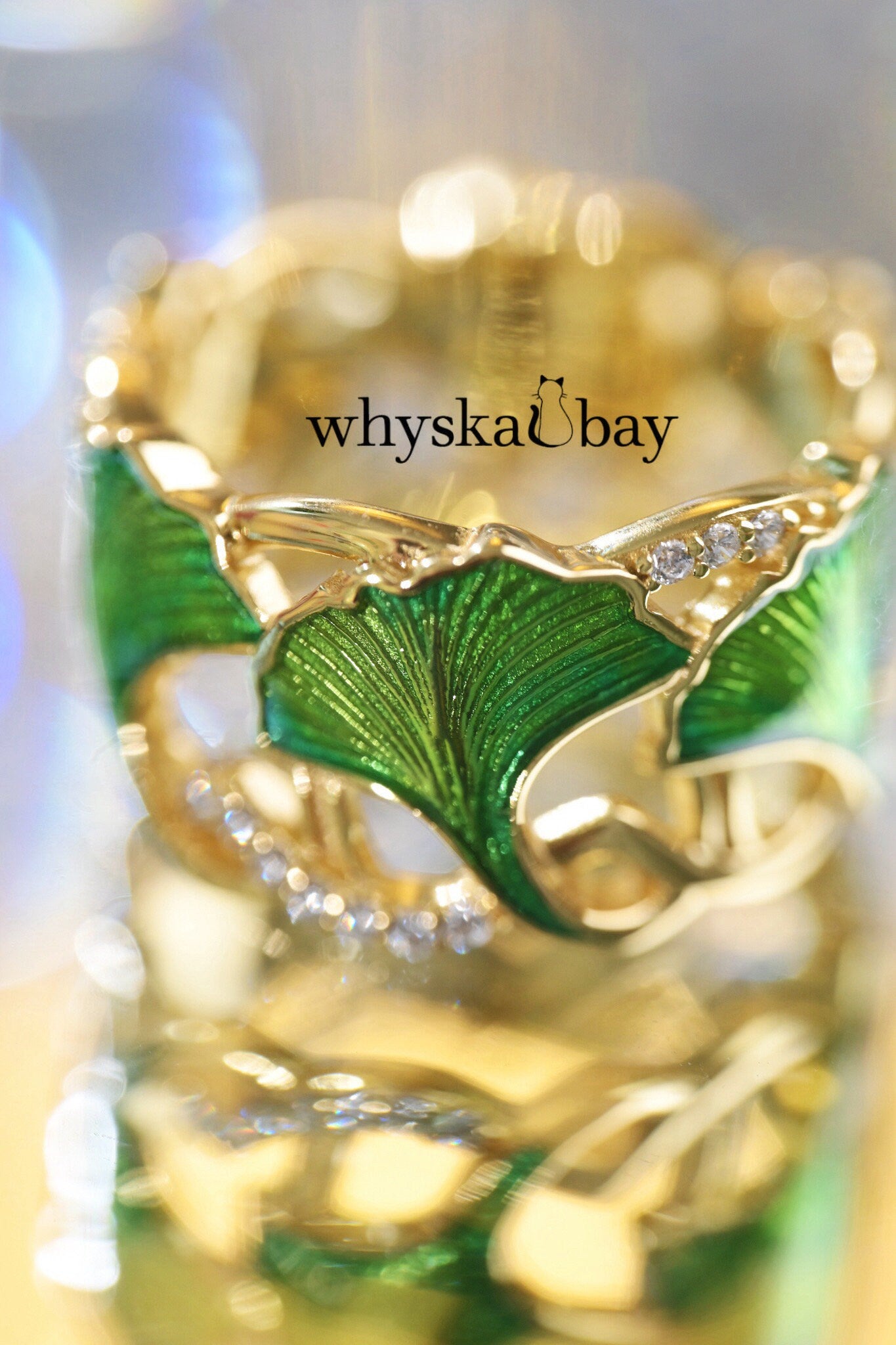 Elegant Ginkgo Leaf Ring - Handcrafted Enamel Detailing