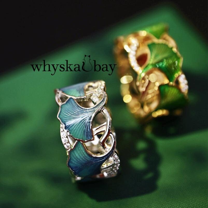 Elegant Ginkgo Leaf Ring - Handcrafted Enamel Detailing