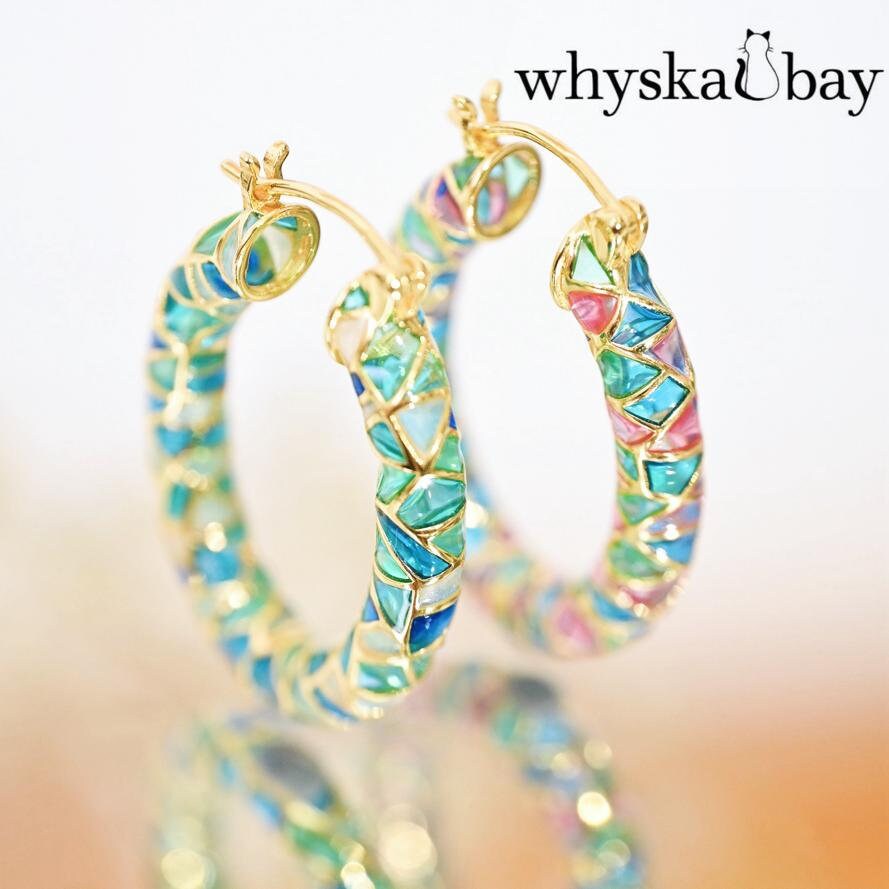 Circle of Magic: Blue Hoops Enamel Earrings • Plique a Jour Hoop Earrings