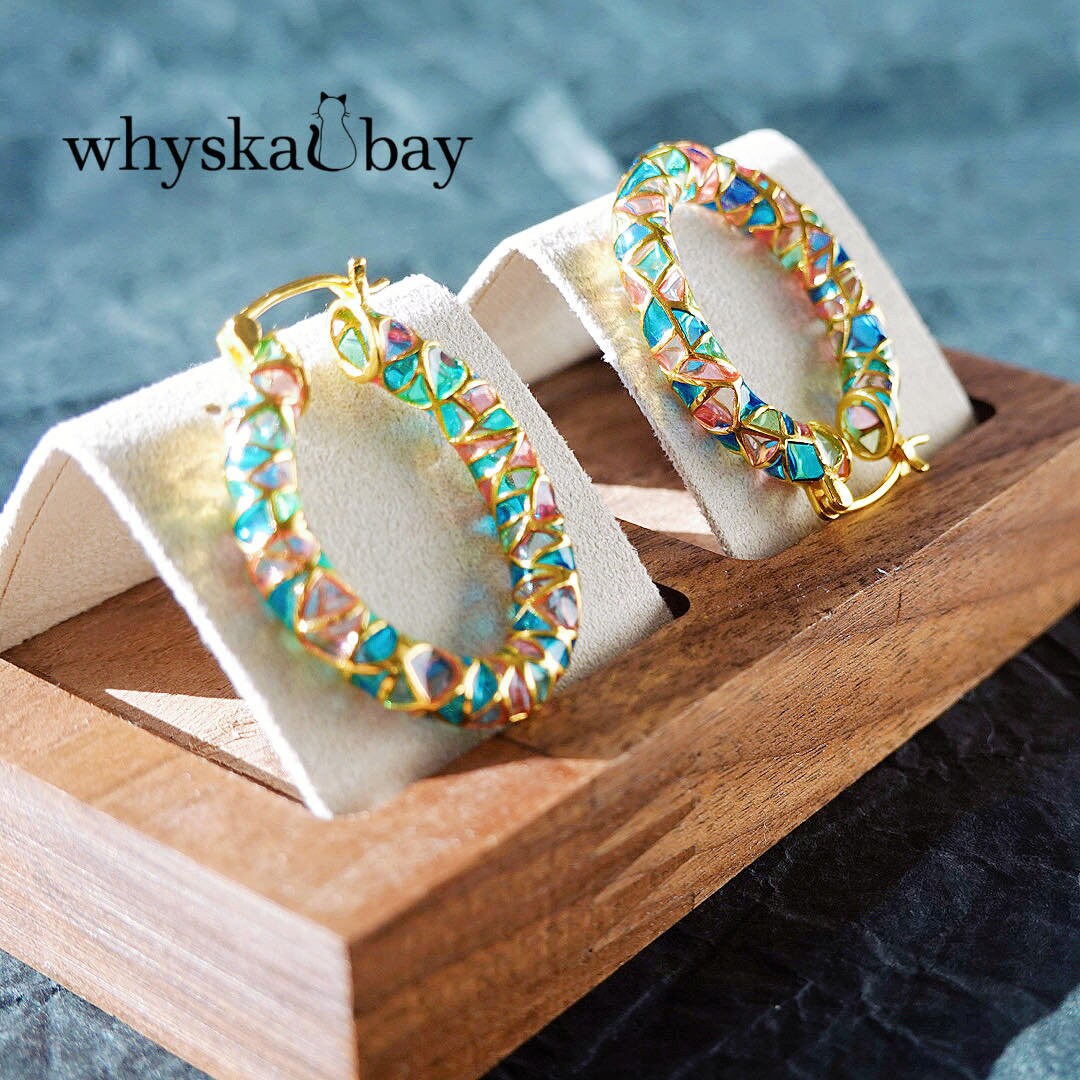 Circle of Magic: Blue Hoops Enamel Earrings • Plique a Jour Hoop Earrings