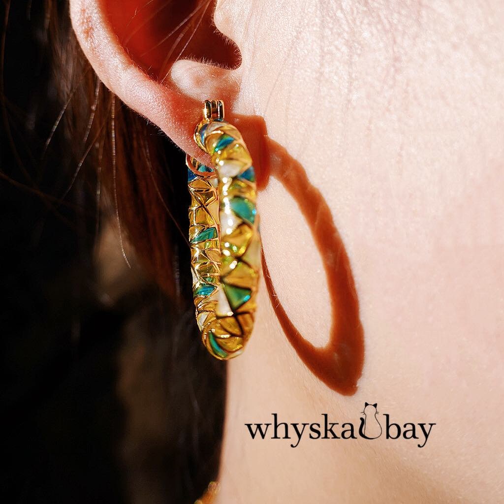 Circle of Elegance: Gold Hoops Enamel Earrings • Plique a Jour Hoop Earrings