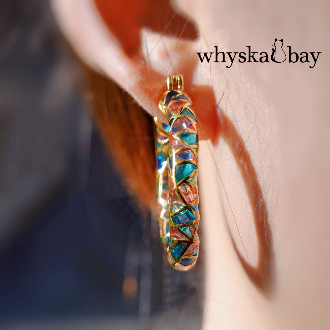 Circle of Magic: Blue Hoops Enamel Earrings • Plique a Jour Hoop Earrings