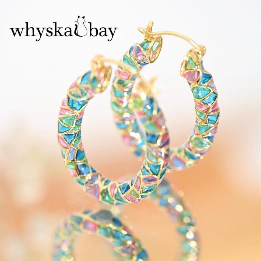 Circle of Magic: Blue Hoops Enamel Earrings • Plique a Jour Hoop Earrings