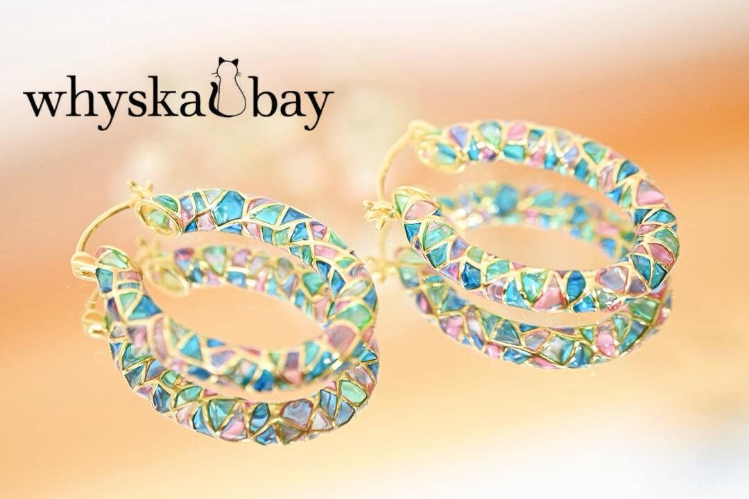Circle of Magic: Blue Hoops Enamel Earrings • Plique a Jour Hoop Earrings