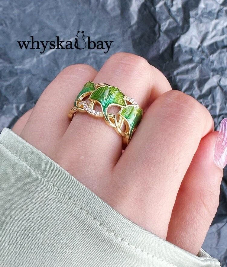 Elegant Ginkgo Leaf Ring - Handcrafted Enamel Detailing