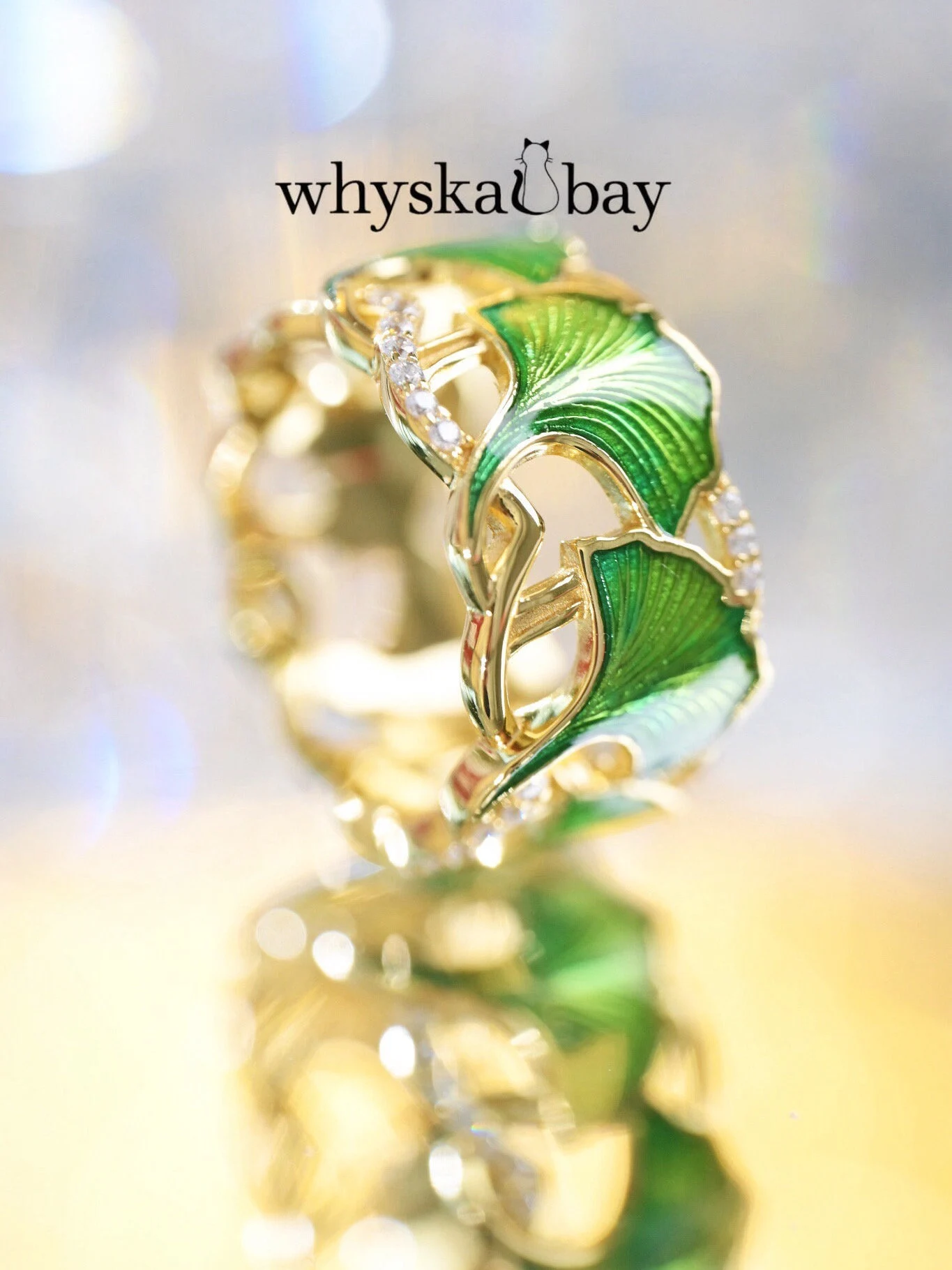 Elegant Ginkgo Leaf Ring - Handcrafted Enamel Detailing