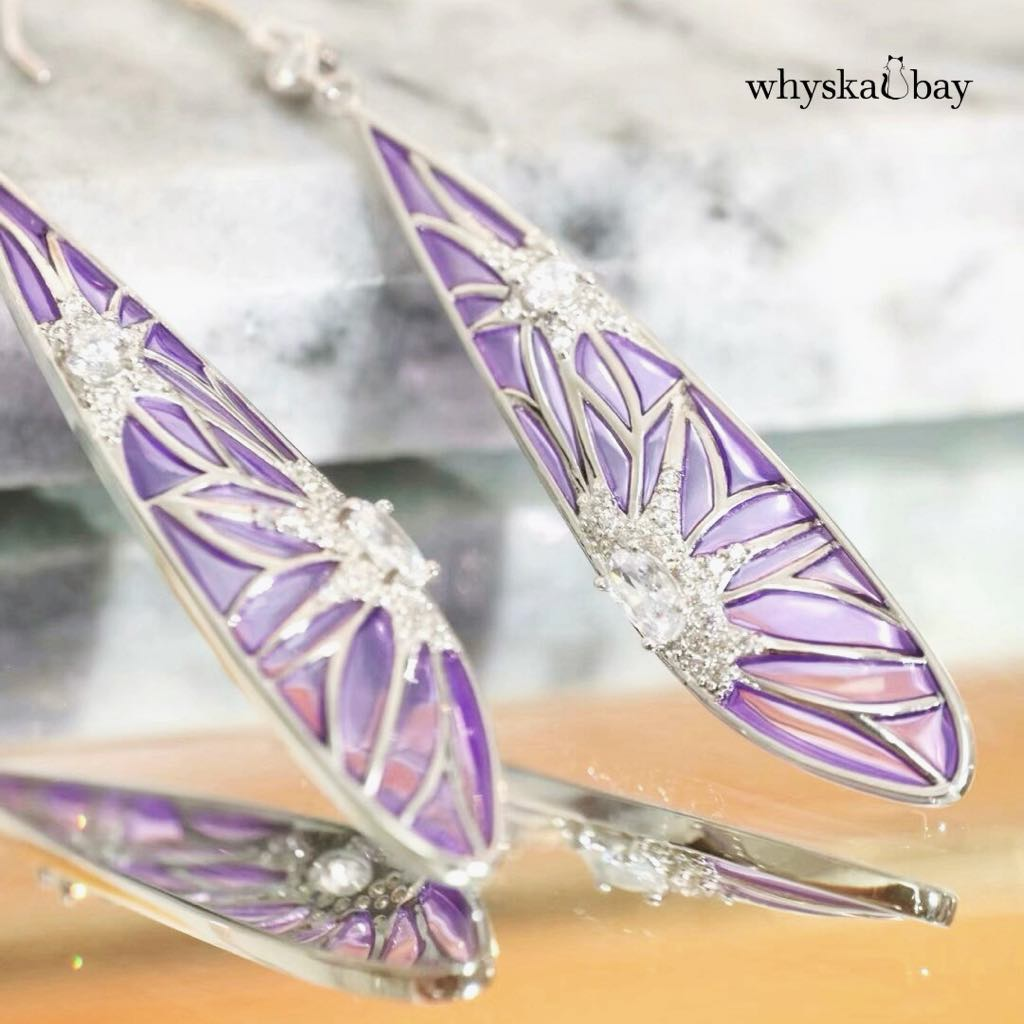 Purple Romance: Handcrafted 18K Gold & Silver Plique-à-Jour Enamel Earrings