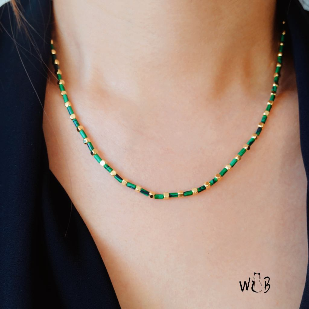 Gold Malachite Beaded Necklace: Layering Necklace & Gifts For Her