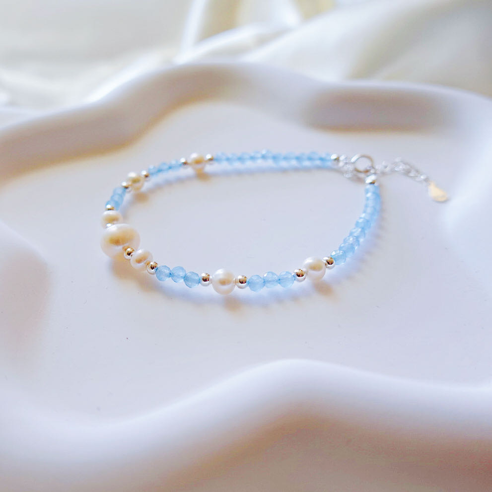 Blue Gemstone Pearl Bracelet: Natural Pearl & Amazonite Bracelet