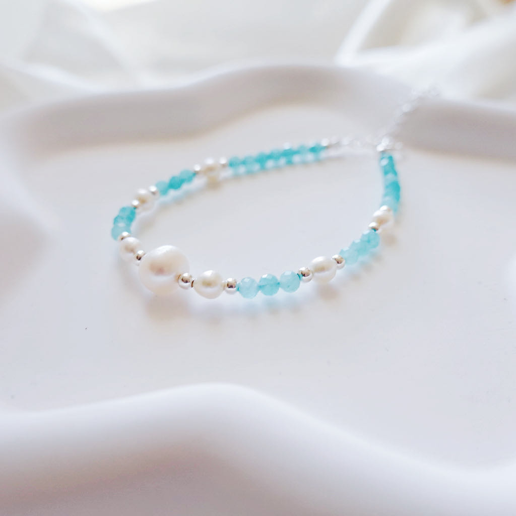 Blue Aquamarine Pearl Bracelet: Natural Gemstone Bracelet