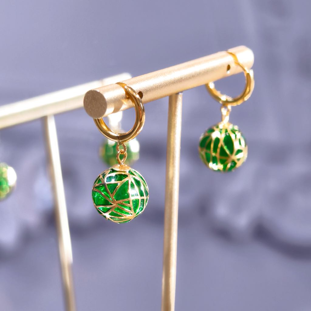 Green Ball Enamel Earrings: Art Nouveau Earrings