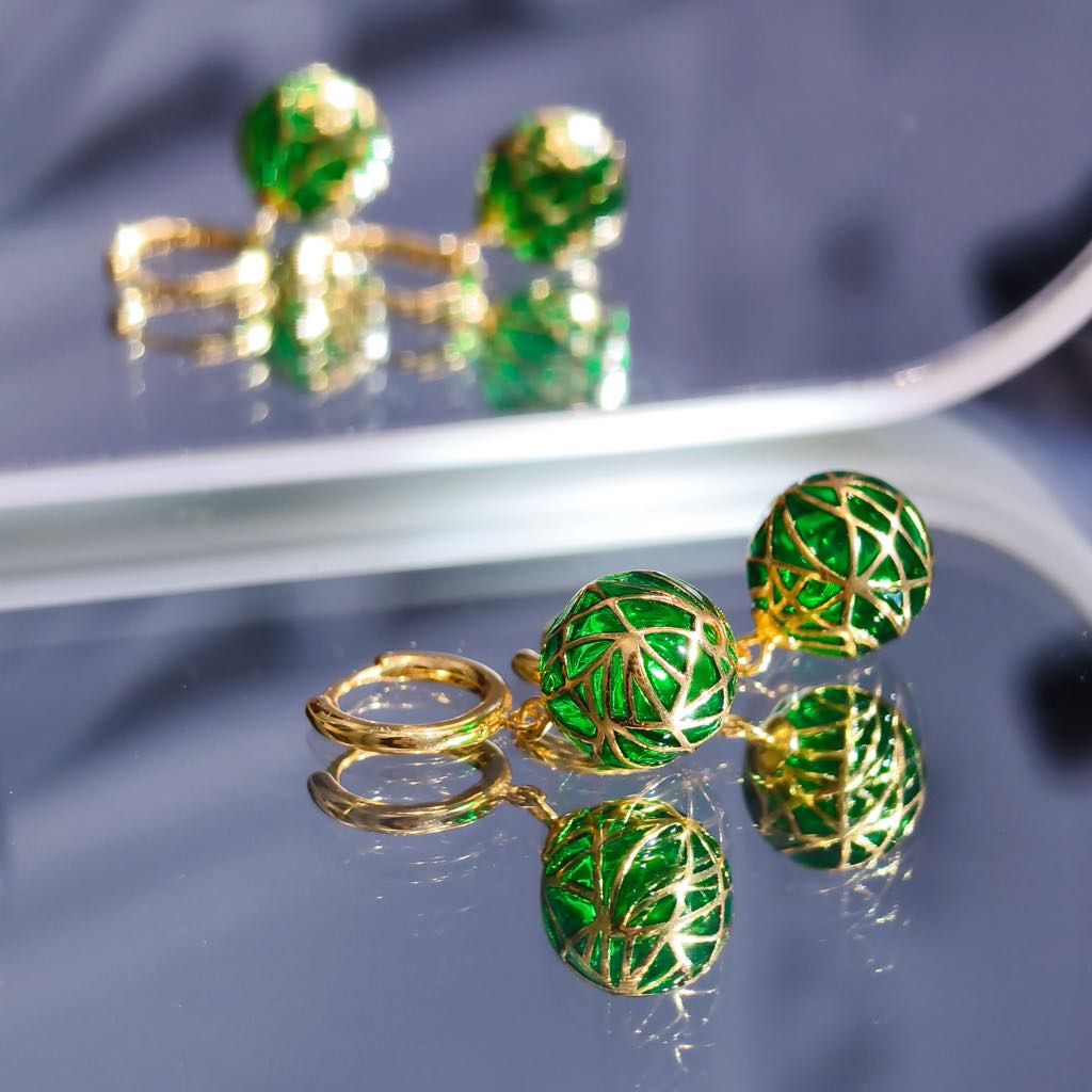 Green Ball Enamel Earrings: Art Nouveau Earrings