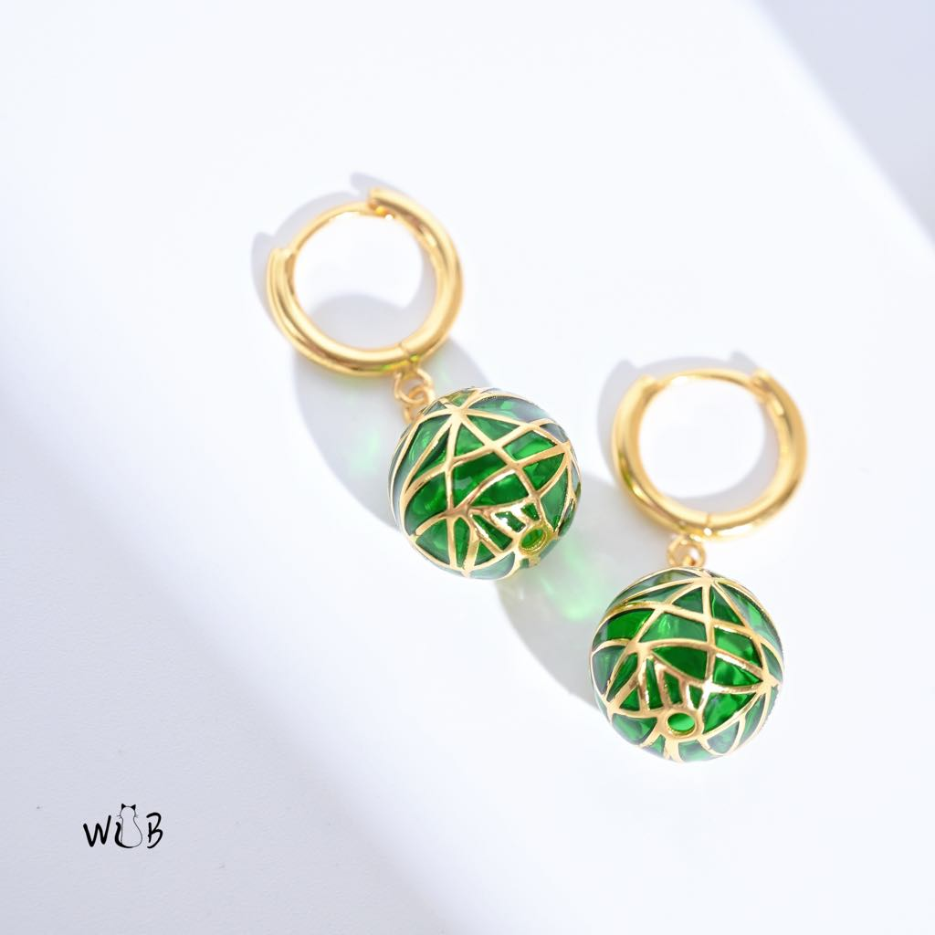 Green Ball Enamel Earrings: Art Nouveau Earrings