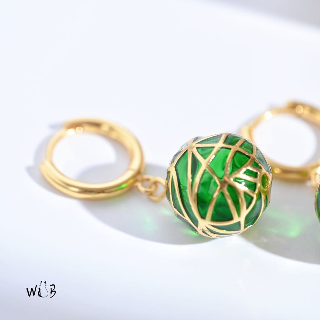 Green Ball Enamel Earrings: Art Nouveau Earrings