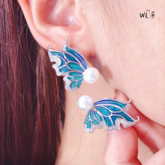 Sky Blue Enamel Earrings: Butterfly Pearl Earrings & Romantic Gifts For Her