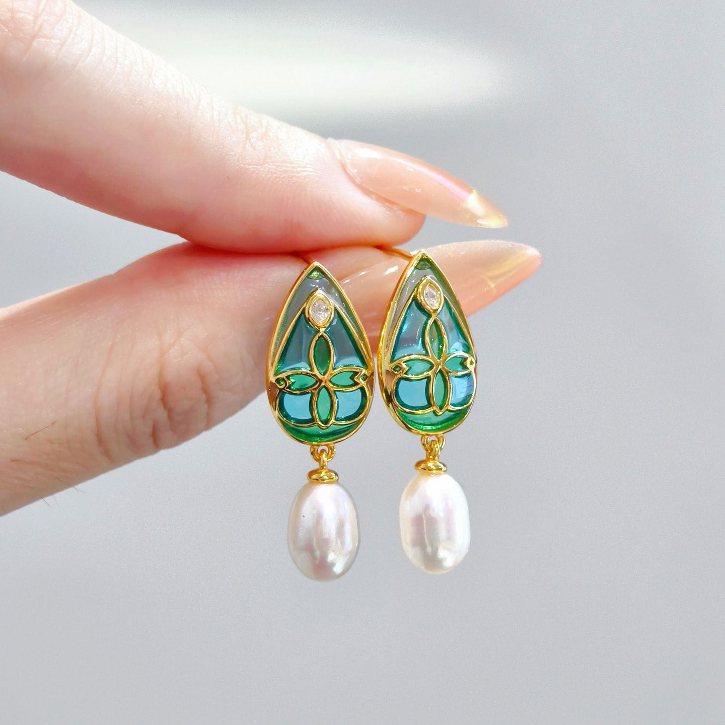 Green Teardrop Pearl Drop Earrings: Enamel Floral Earrings & Elegant Gold Dangle Gift for Her