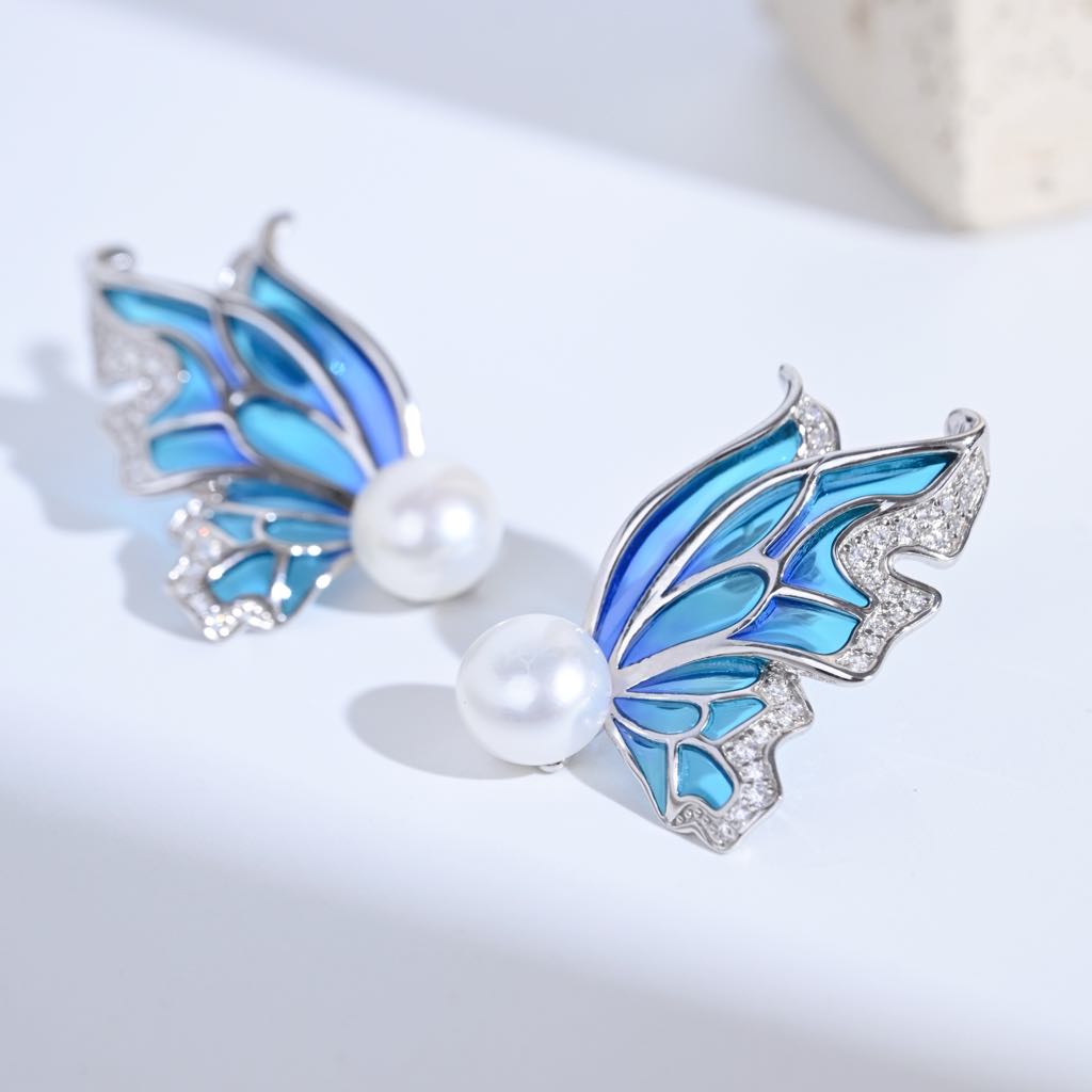 Sky Blue Enamel Earrings: Butterfly Pearl Earrings & Romantic Gifts For Her