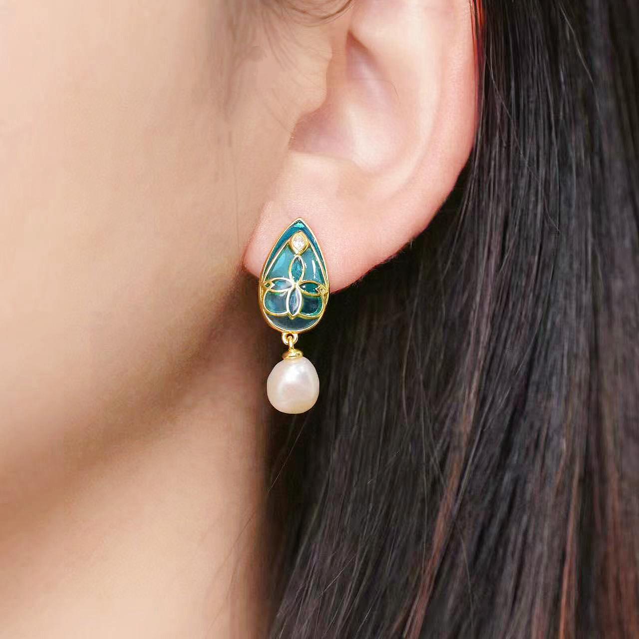 Green Teardrop Pearl Drop Earrings: Enamel Floral Earrings & Elegant Gold Dangle Gift for Her