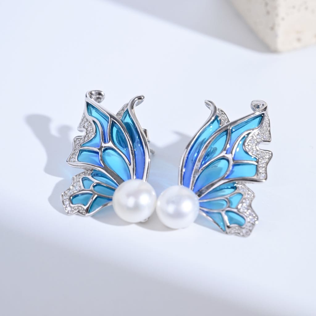 Sky Blue Enamel Earrings: Butterfly Pearl Earrings & Romantic Gifts For Her