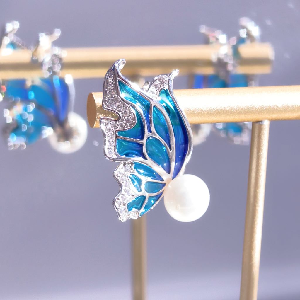 Sky Blue Enamel Earrings: Butterfly Pearl Earrings & Romantic Gifts For Her