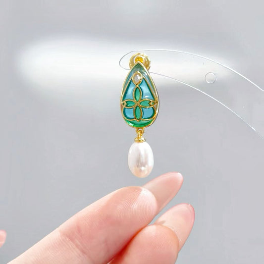 Green Teardrop Pearl Drop Earrings: Enamel Floral Earrings & Elegant Gold Dangle Gift for Her