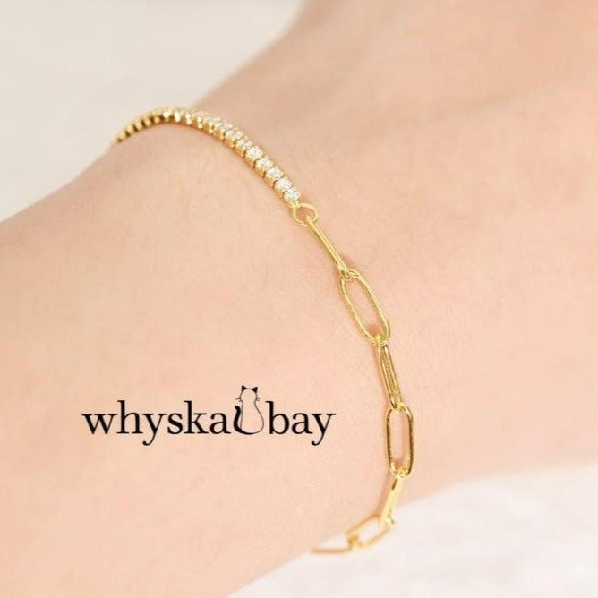 Gold Sparkling Diamond Bracelet with Paperclip Chain