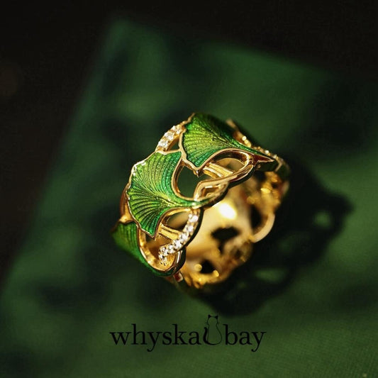 Elegant Ginkgo Leaf Ring - Handcrafted Enamel Detailing