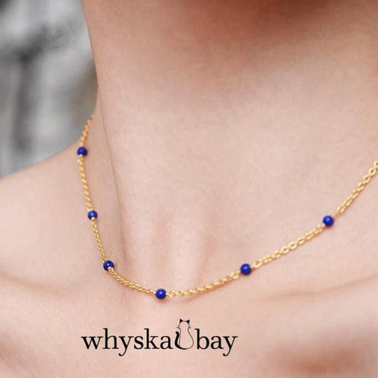 Elegant Lapis Lazuli Bead Necklace: Minimalist Gemstone Jewelry for Her