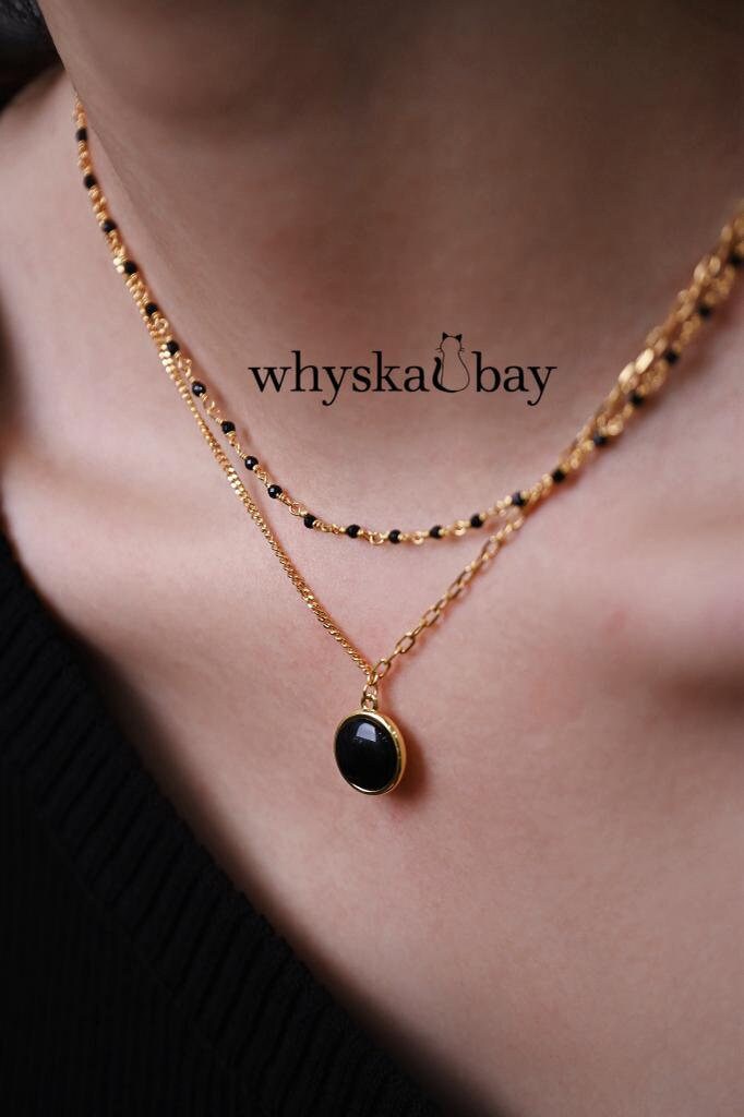 Black Onyx Bead Gold Minimalist Necklaces