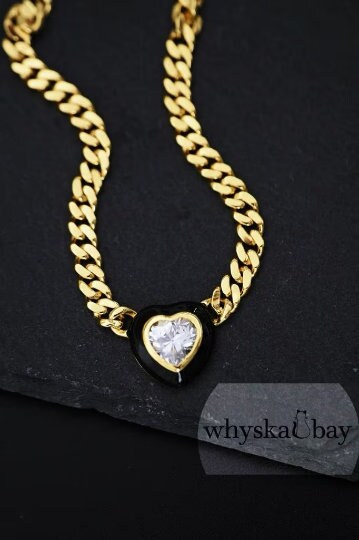 Lost Heart: Black Diamond Heart Enamel Necklace on Cuban Link Chain