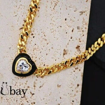 Lost Heart: Black Diamond Heart Enamel Necklace on Cuban Link Chain