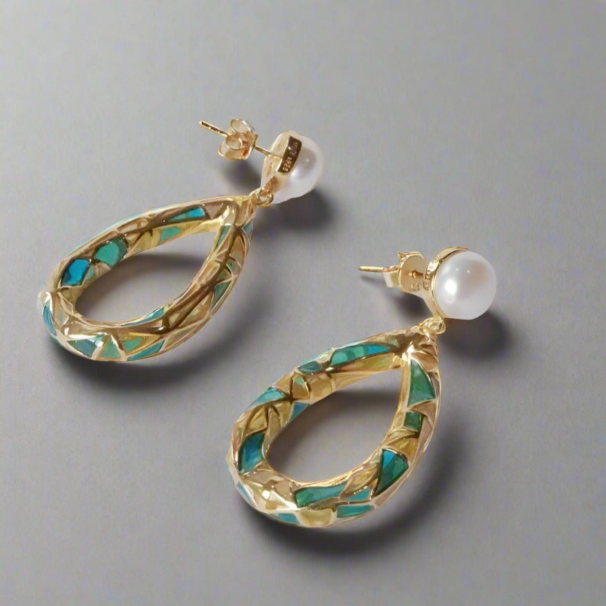 Sunset on Pearl: Pearl Enamel Hoops Gold Earrings