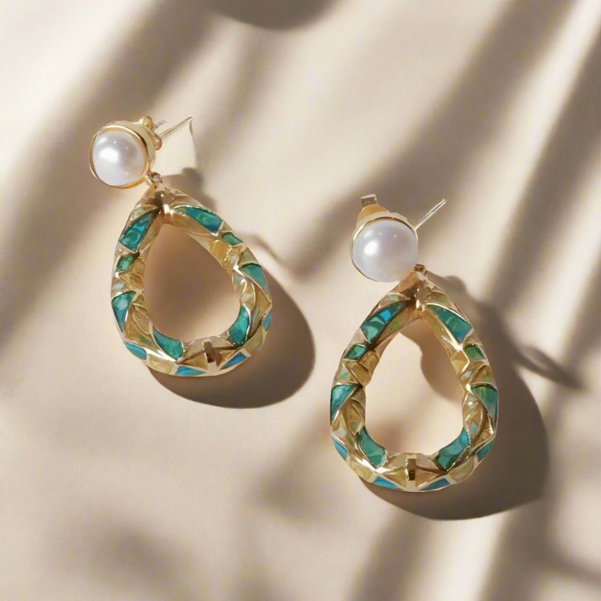 Sunset on Pearl: Pearl Enamel Hoops Gold Earrings