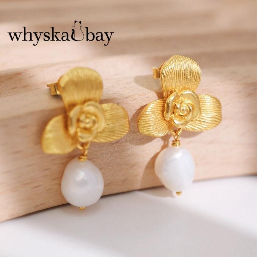 Elegant Baroque Pearl Drop Earrings: Unique Floral Bridal Jewelry