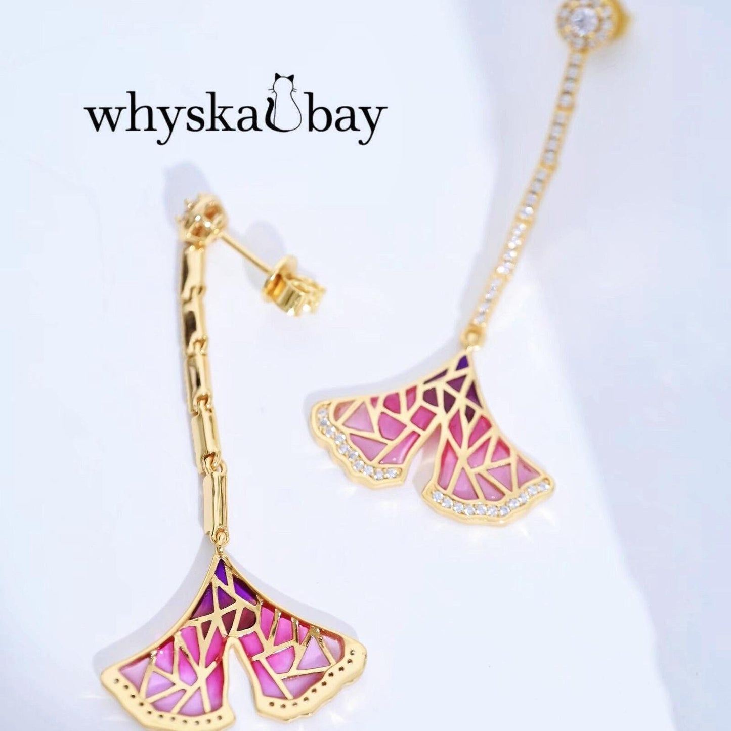 Pink Wave: Whale Tail Diamond Enamel Earrings