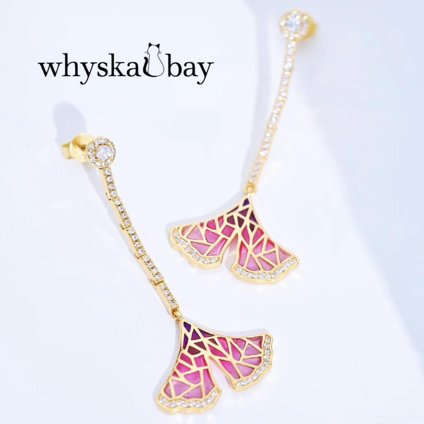 Pink Wave: Whale Tail Diamond Enamel Earrings