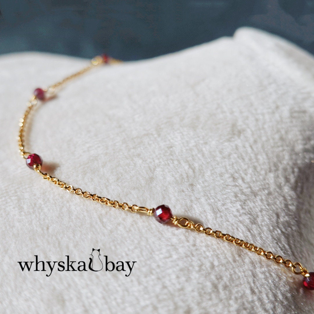 Garnet Bead Minimalist Necklaces: Red Garnet January Birthstone