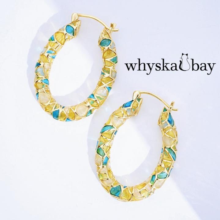 Circle of Elegance: Gold Hoops Enamel Earrings • Plique a Jour Hoop Earrings