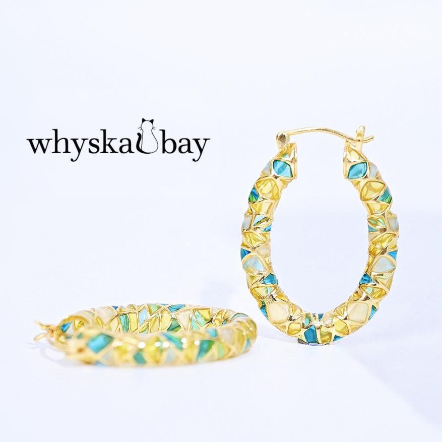 Circle of Elegance: Gold Hoops Enamel Earrings • Plique a Jour Hoop Earrings