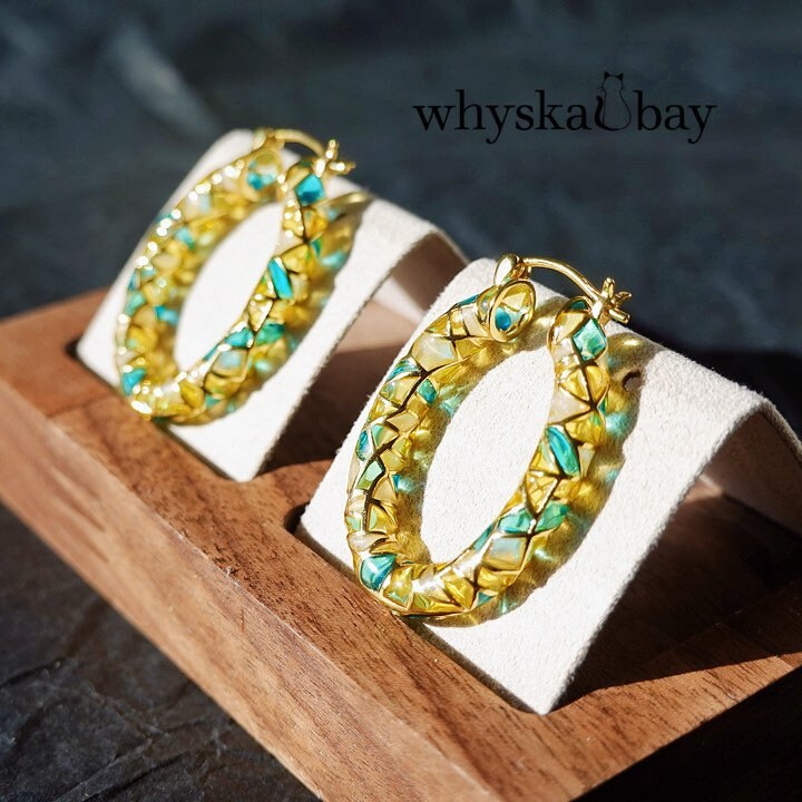 Circle of Elegance: Gold Hoops Enamel Earrings • Plique a Jour Hoop Earrings