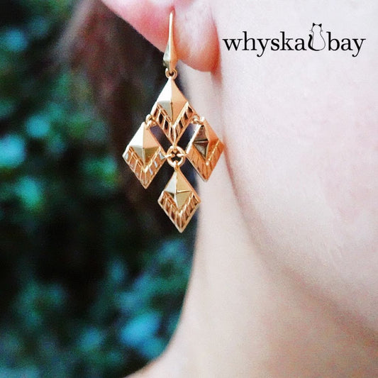 Dream Weaver Earrings: Artisan Gold-Tone Geometric Dangles by Whyskabay