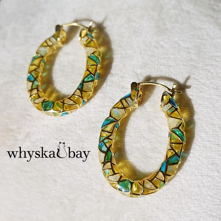 Circle of Elegance: Gold Hoops Enamel Earrings • Plique a Jour Hoop Earrings