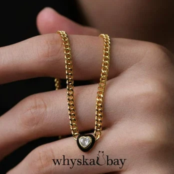 Lost Heart: Black Diamond Heart Enamel Necklace on Cuban Link Chain