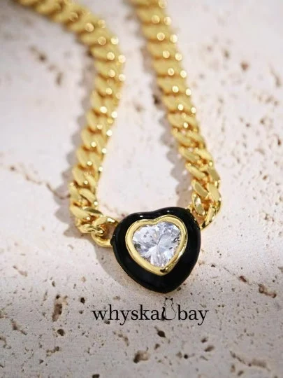 Lost Heart: Black Diamond Heart Enamel Necklace on Cuban Link Chain