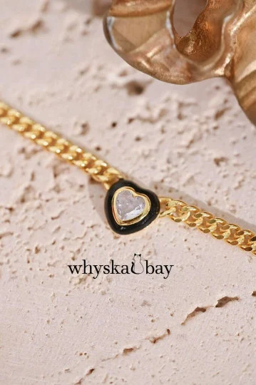 Lost Heart: Black Diamond Heart Enamel Necklace on Cuban Link Chain