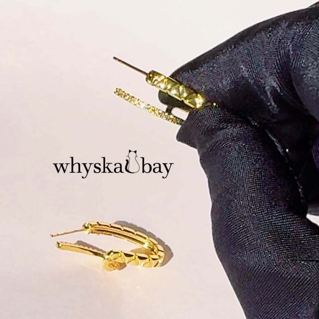 Vintage Double Line Gold Earrings with Diamonds: 24K Thick Gold Plated Elegance