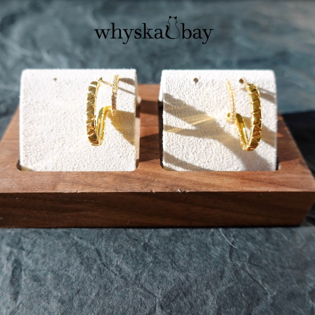 Vintage Double Line Gold Earrings with Diamonds: 24K Thick Gold Plated Elegance