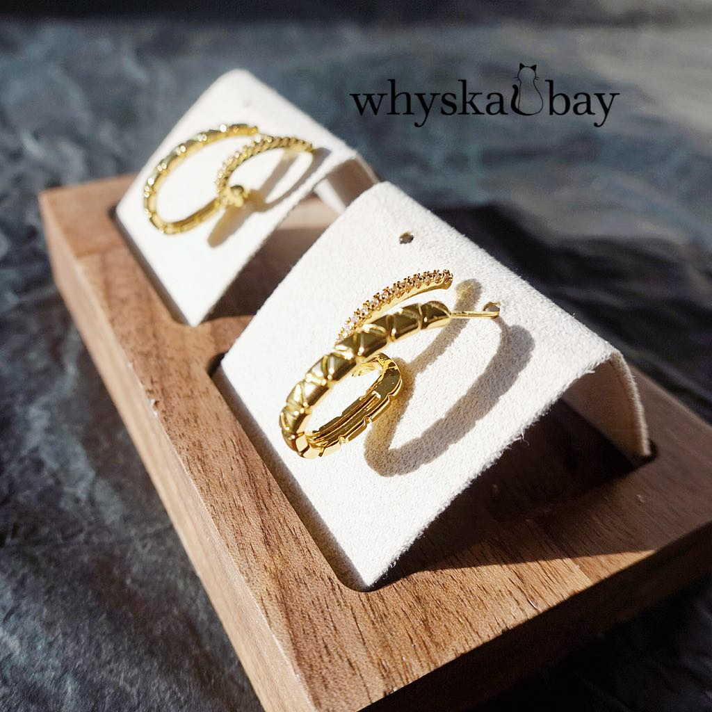 Vintage Double Line Gold Earrings with Diamonds: 24K Thick Gold Plated Elegance